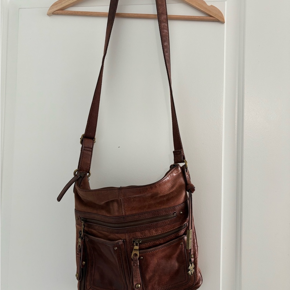 Vintage Lucky Brand Brown Leather Messenger Bag with Adjustable Strap